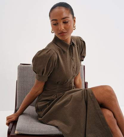 Anika Khaki Corduroy Puff Sleeve Midi Shirt Dress