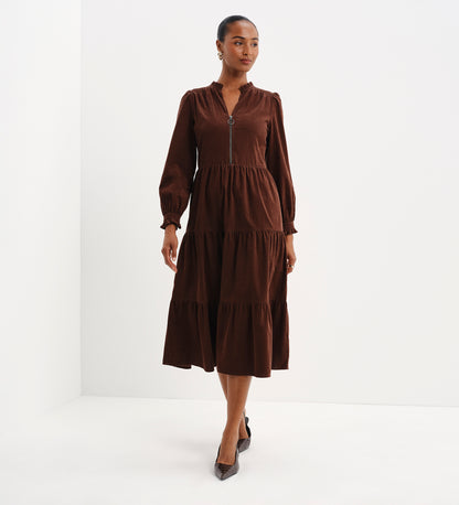 Antonia Brown Corduroy Frill Neck Tiered Midi Dress
