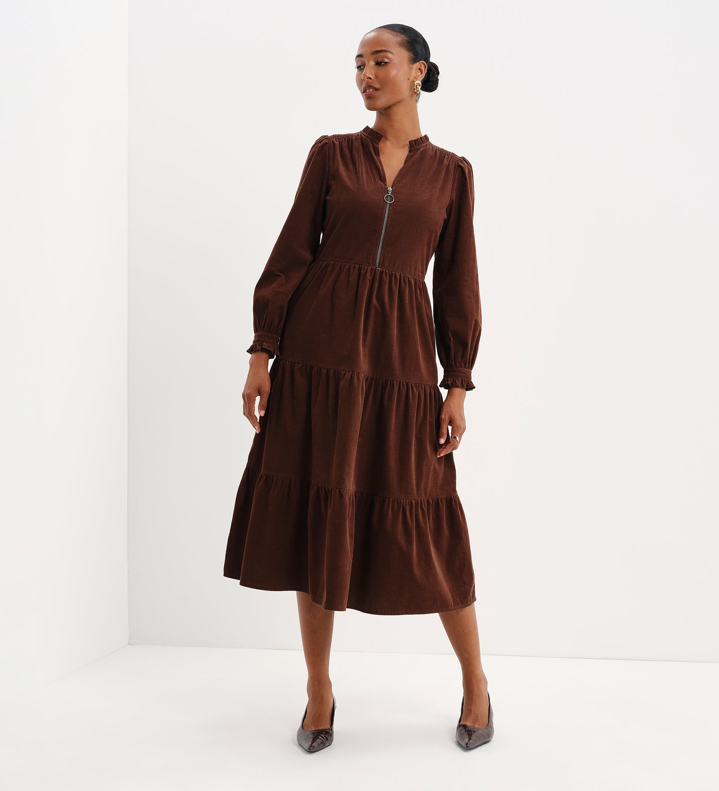 Antonia Brown Corduroy Frill Neck Tiered Midi Dress