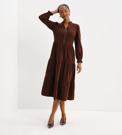 Antonia Brown Corduroy Frill Neck Tiered Midi Dress