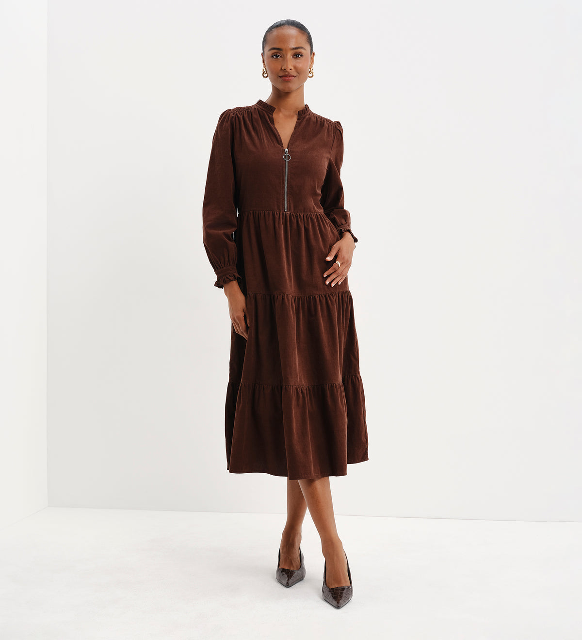 Antonia Brown Corduroy Frill Neck Tiered Midi Dress