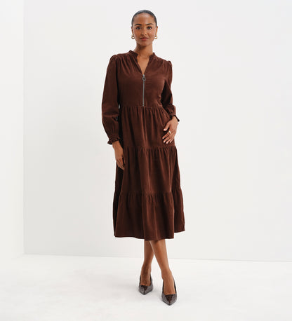 Antonia Brown Corduroy Frill Neck Tiered Midi Dress