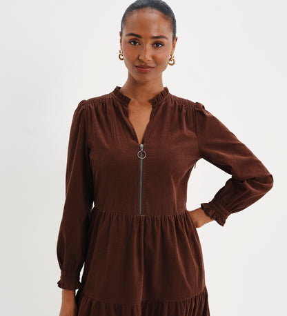 Antonia Brown Corduroy Frill Neck Tiered Midi Dress