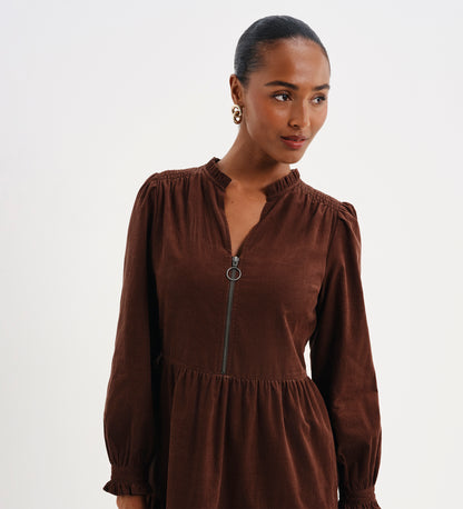 Antonia Brown Corduroy Frill Neck Tiered Midi Dress