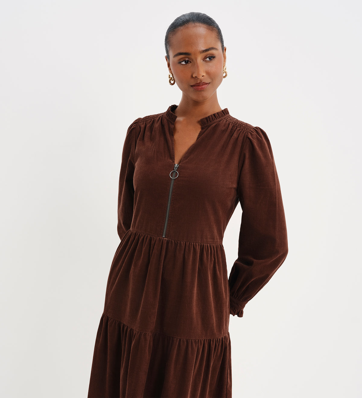 Antonia Brown Corduroy Frill Neck Tiered Midi Dress