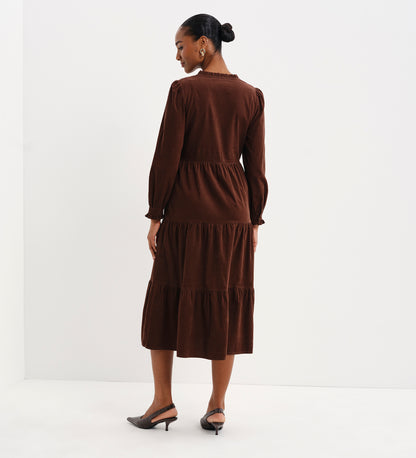 Antonia Brown Corduroy Frill Neck Tiered Midi Dress