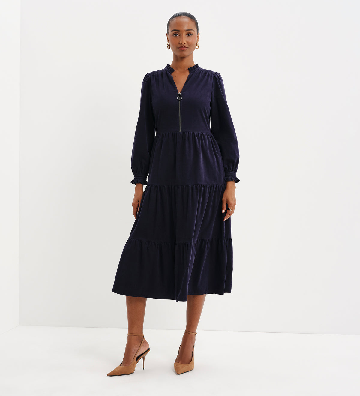 Antonia Navy Corduroy Frill Neck Tiered Midi Dress