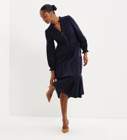 Antonia Navy Corduroy Frill Neck Tiered Midi Dress