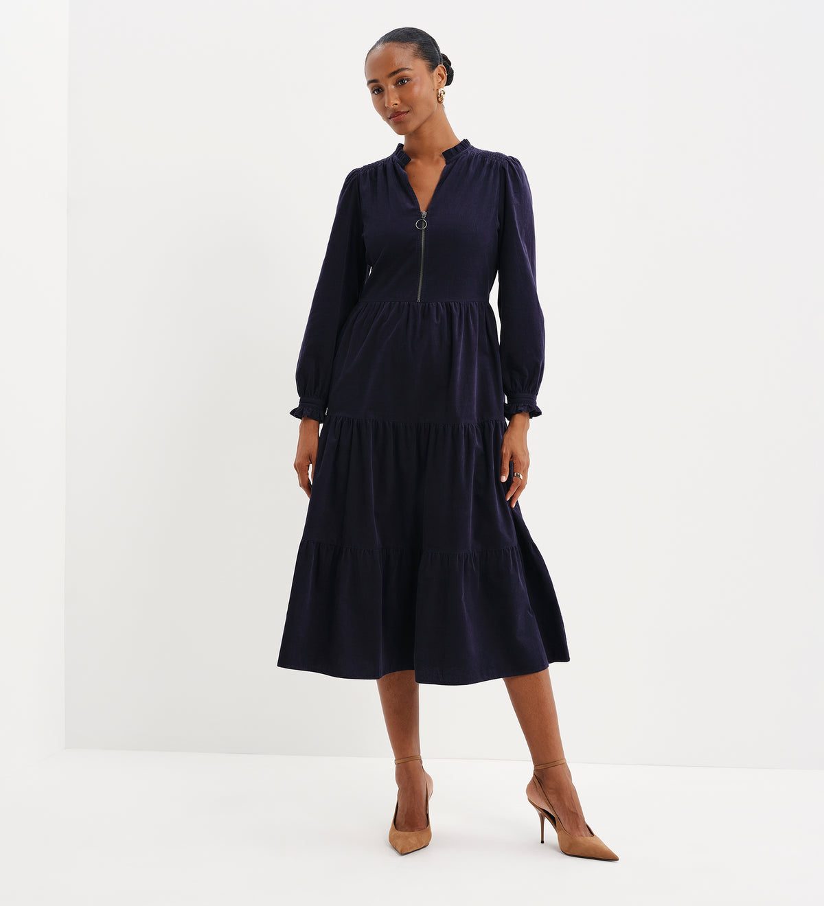 Antonia Navy Corduroy Frill Neck Tiered Midi Dress