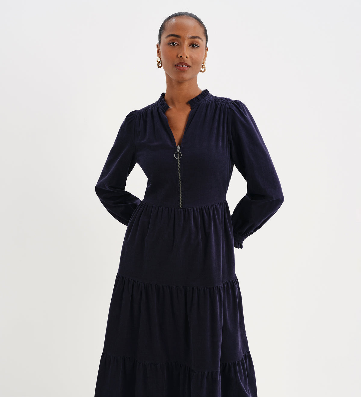 Antonia Navy Corduroy Frill Neck Tiered Midi Dress