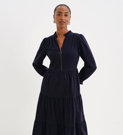 Antonia Navy Corduroy Frill Neck Tiered Midi Dress