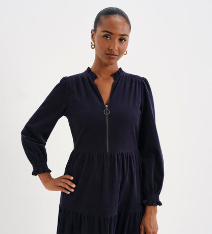 Antonia Navy Corduroy Frill Neck Tiered Midi Dress