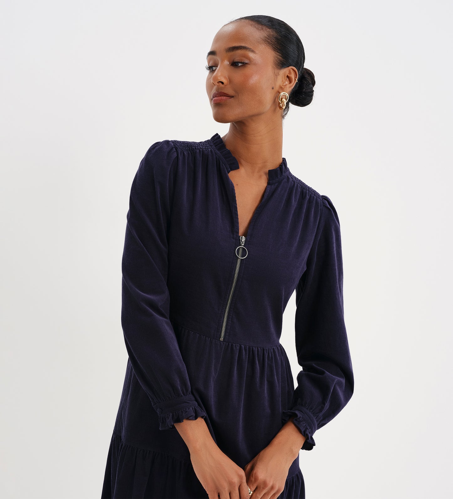 Antonia Navy Corduroy Frill Neck Tiered Midi Dress