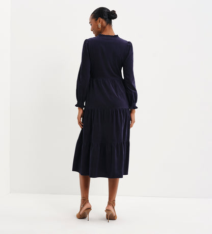 Antonia Navy Corduroy Frill Neck Tiered Midi Dress