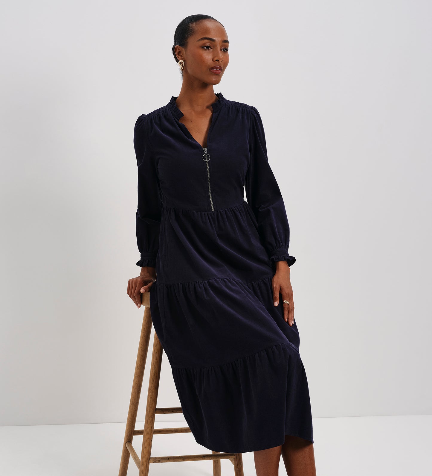 Antonia Navy Corduroy Frill Neck Tiered Midi Dress