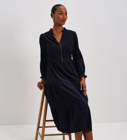 Antonia Navy Corduroy Frill Neck Tiered Midi Dress