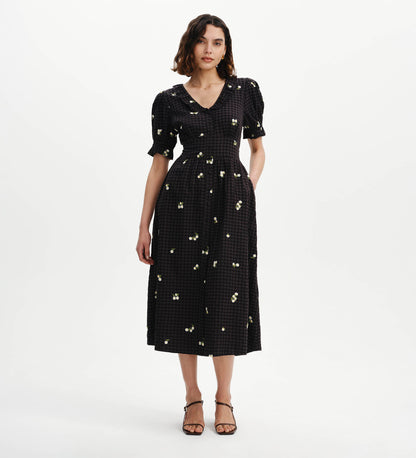 Aoife Black Embroidered Gingham Seersucker Midi Dress