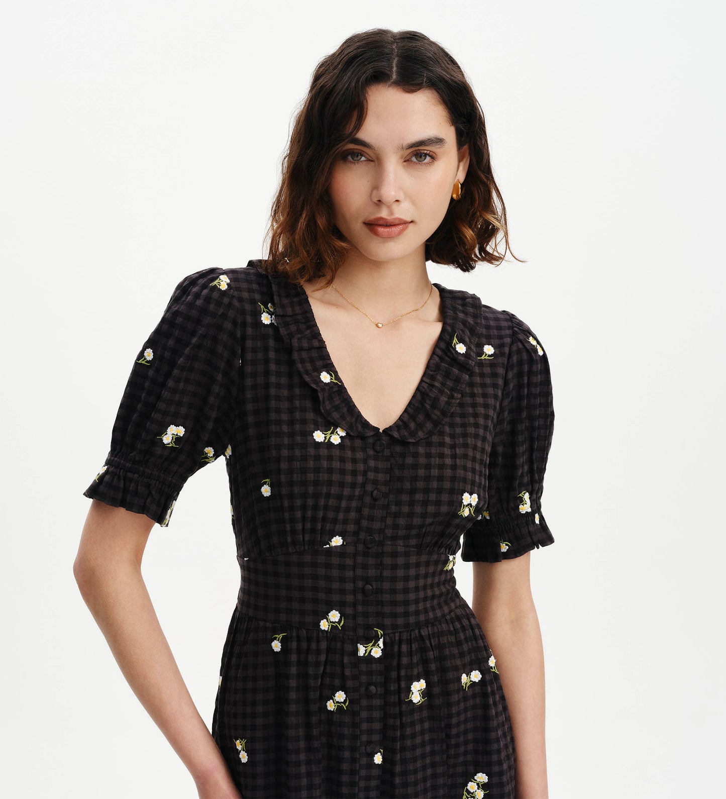 Aoife Black Embroidered Gingham Seersucker Midi Dress