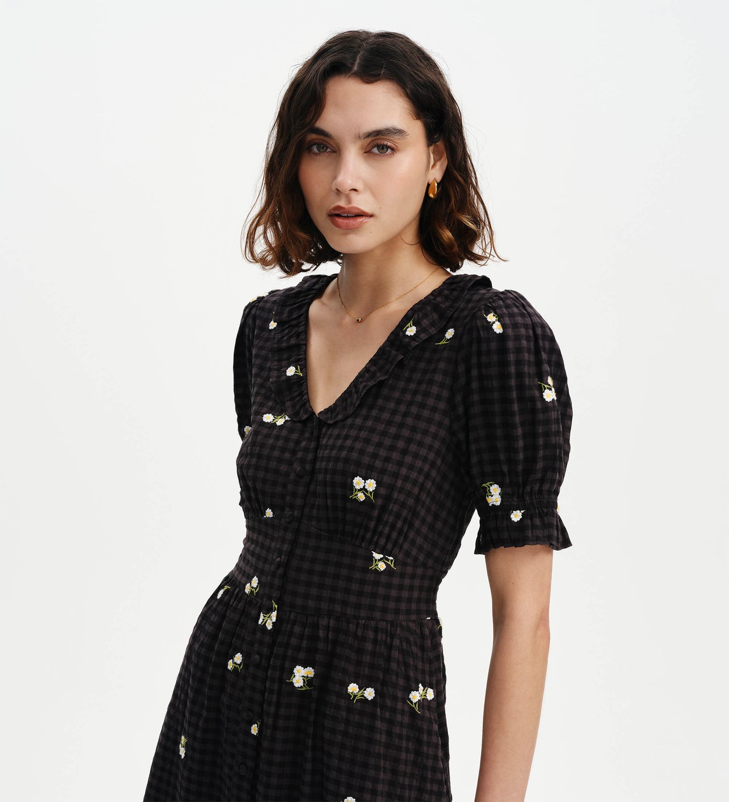 Aoife Black Embroidered Gingham Seersucker Midi Dress