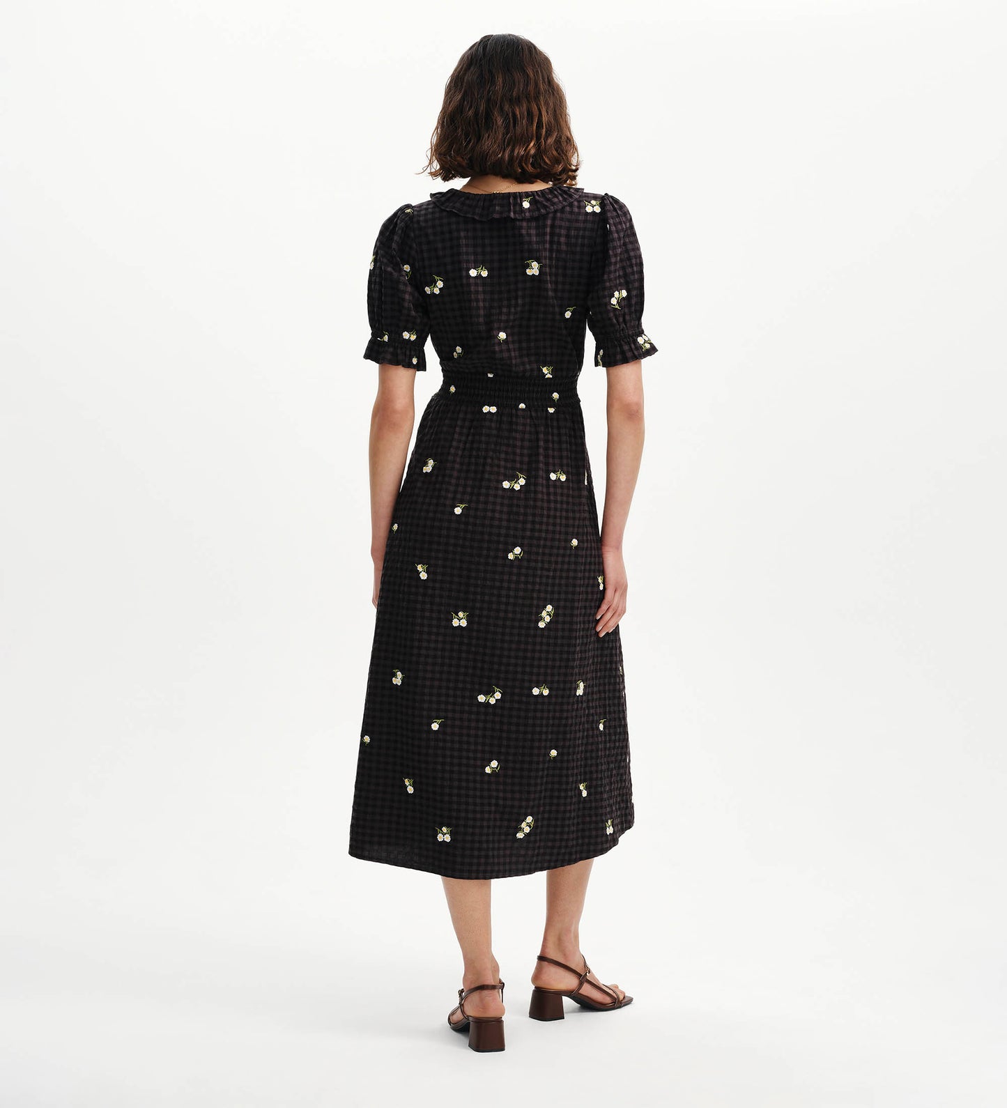 Aoife Black Embroidered Gingham Seersucker Midi Dress