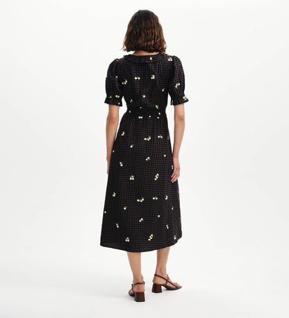 Aoife Black Embroidered Gingham Seersucker Midi Dress