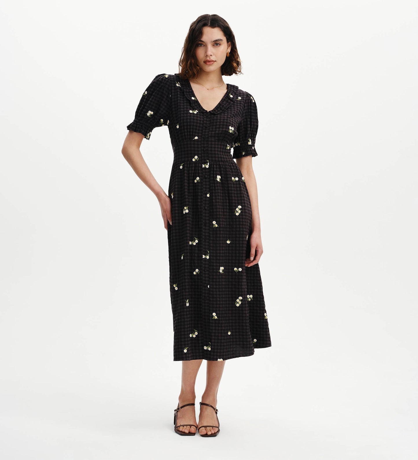 Aoife Black Embroidered Gingham Seersucker Midi Dress
