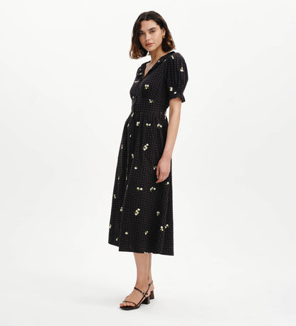 Aoife Black Embroidered Gingham Seersucker Midi Dress