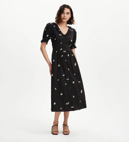 Aoife Black Embroidered Gingham Seersucker Midi Dress