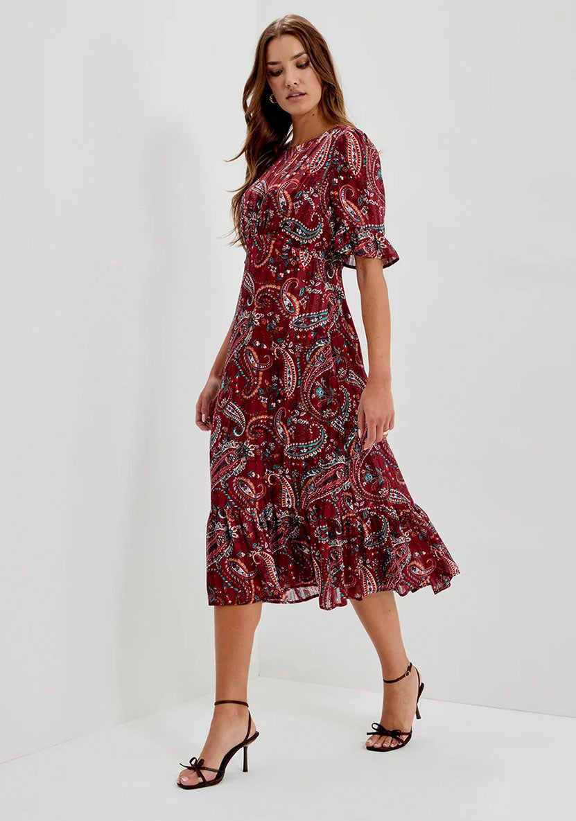 Jennifer Burgundy Paisley Satin Stripe Chiffon Frill Midi Dress