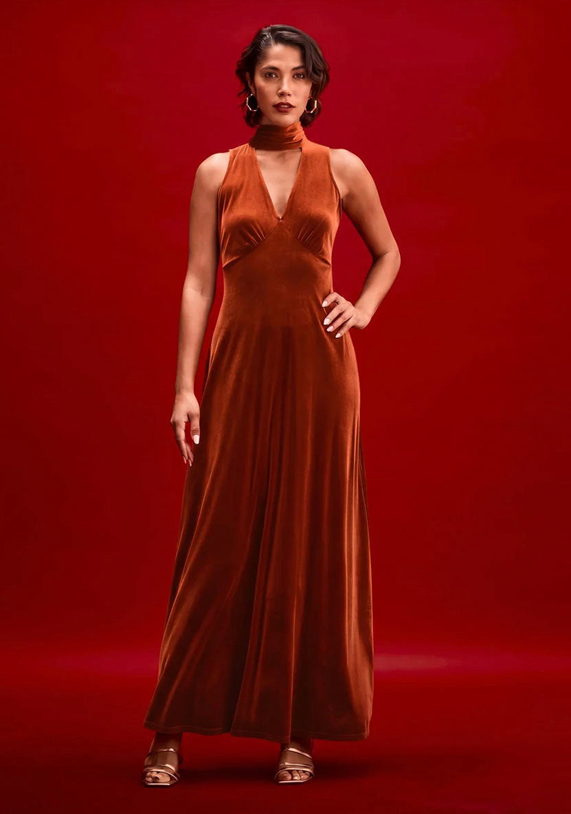 Ophelia Rust Velvet Tie Neck Maxi Dress