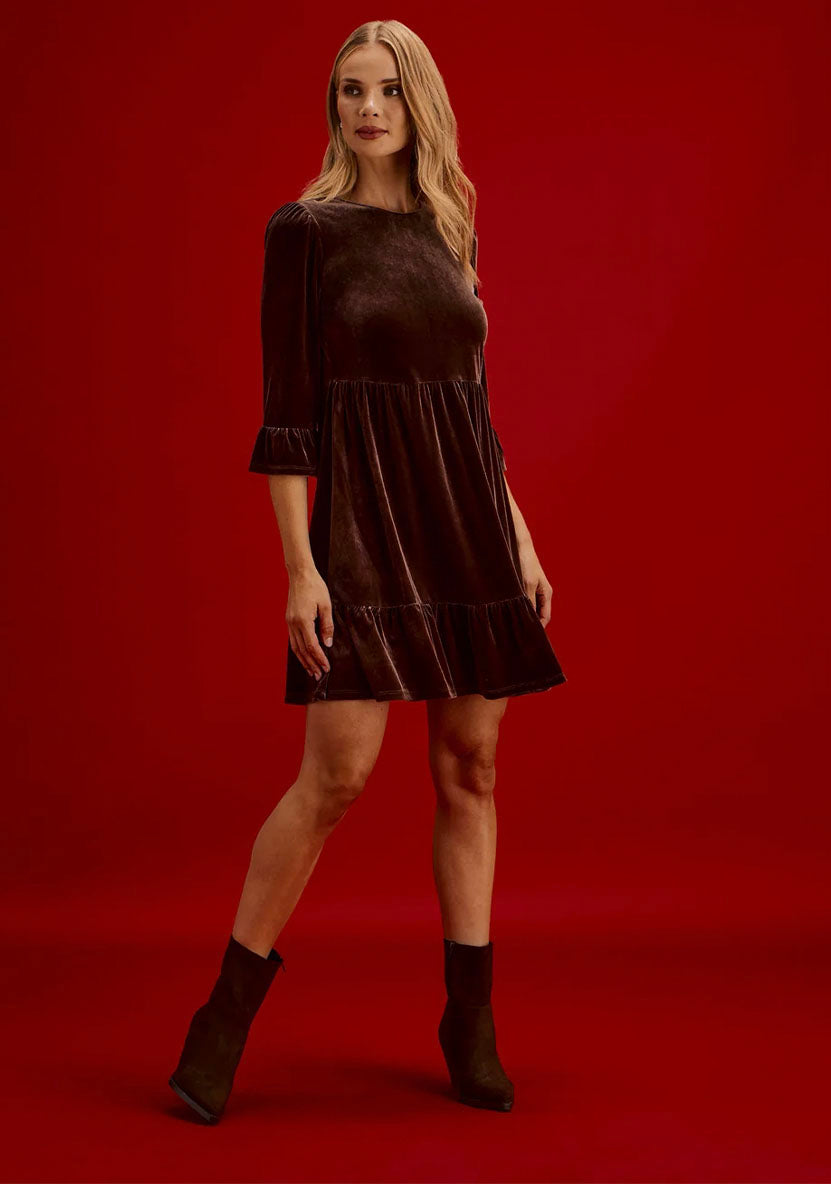 Camie Mocha Velvet Ruffle Cuff Tiered Mini Dress