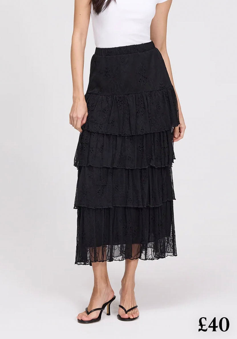 Elisa Black Mesh Midi Tiered Skirt