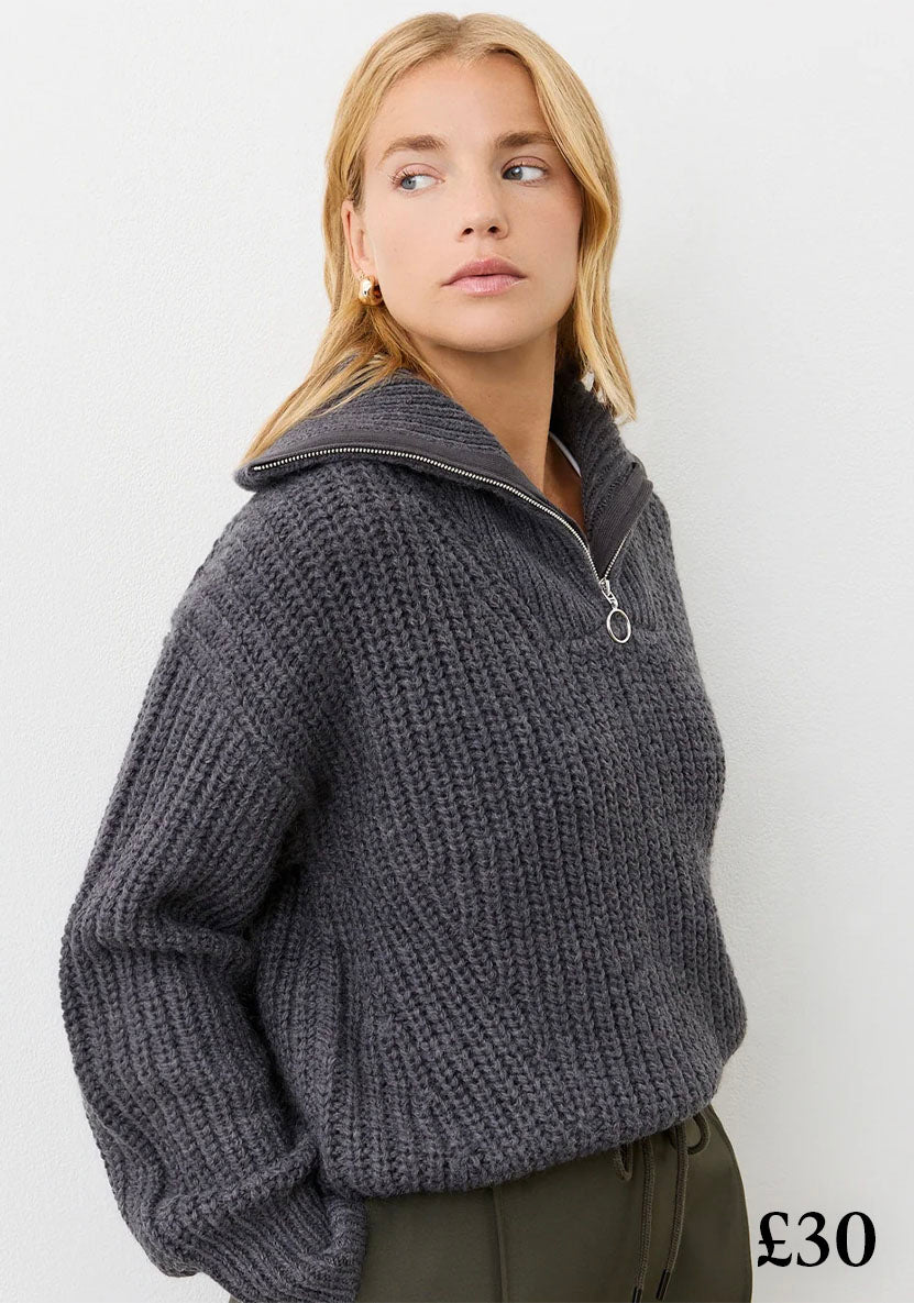 Wilma Charcoal Half Zip Funnel Neck Jumpe