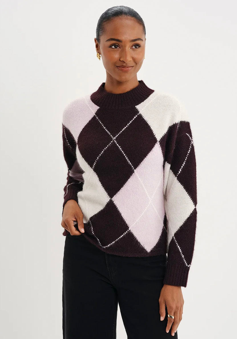 Veda Plum Argyle Wool Blend High Neck Jumper