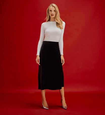 Bailey Black Jersey Velvet A-Line Midi Skirt