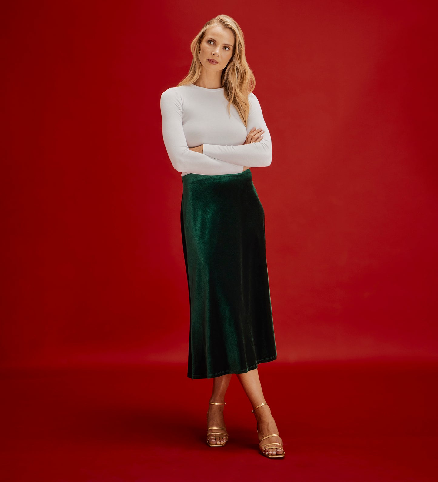 Bailey Bottle Green Jersey Velvet A-Line Midi Skirt