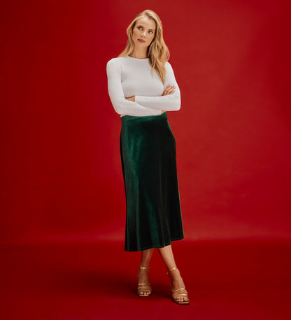 Bailey Bottle Green Jersey Velvet A-Line Midi Skirt