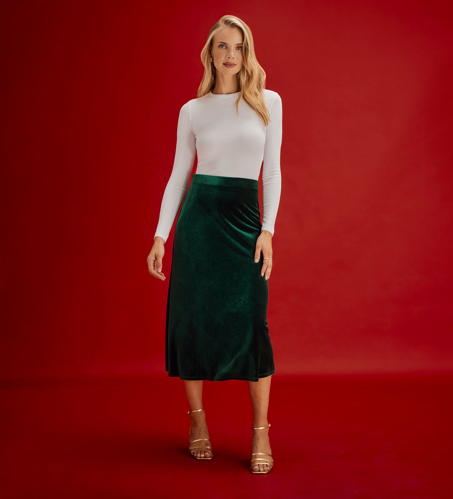 Bailey Bottle Green Jersey Velvet A-Line Midi Skirt