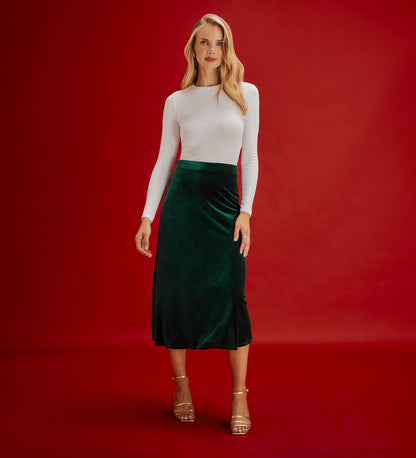 Bailey Bottle Green Jersey Velvet A-Line Midi Skirt