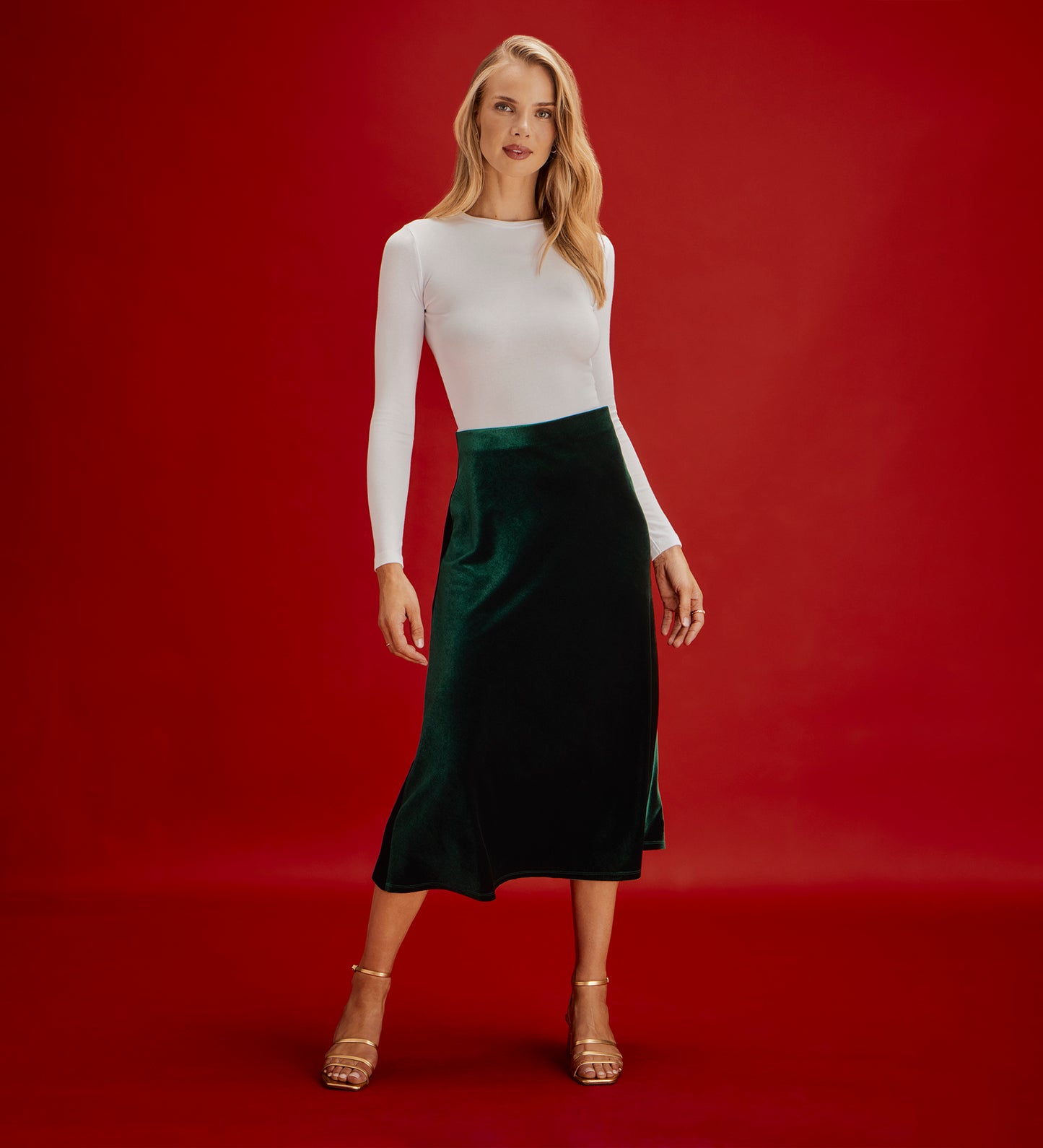Bailey Bottle Green Jersey Velvet A-Line Midi Skirt