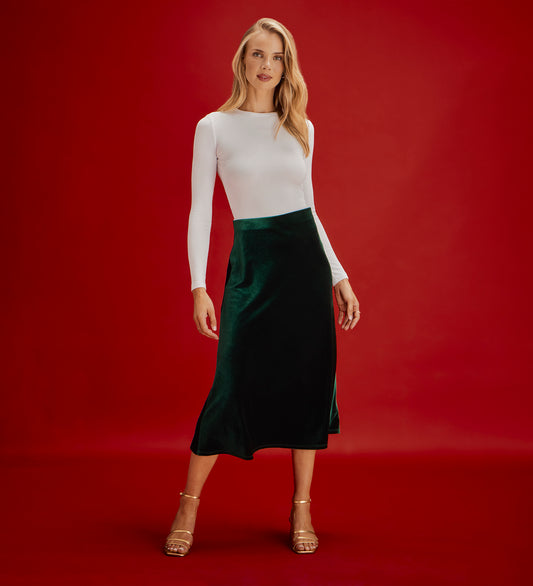 Bailey Bottle Green Jersey Velvet A-Line Midi Skirt