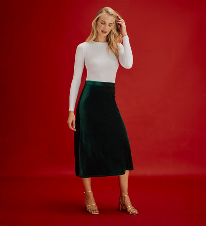 Bailey Bottle Green Jersey Velvet A-Line Midi Skirt