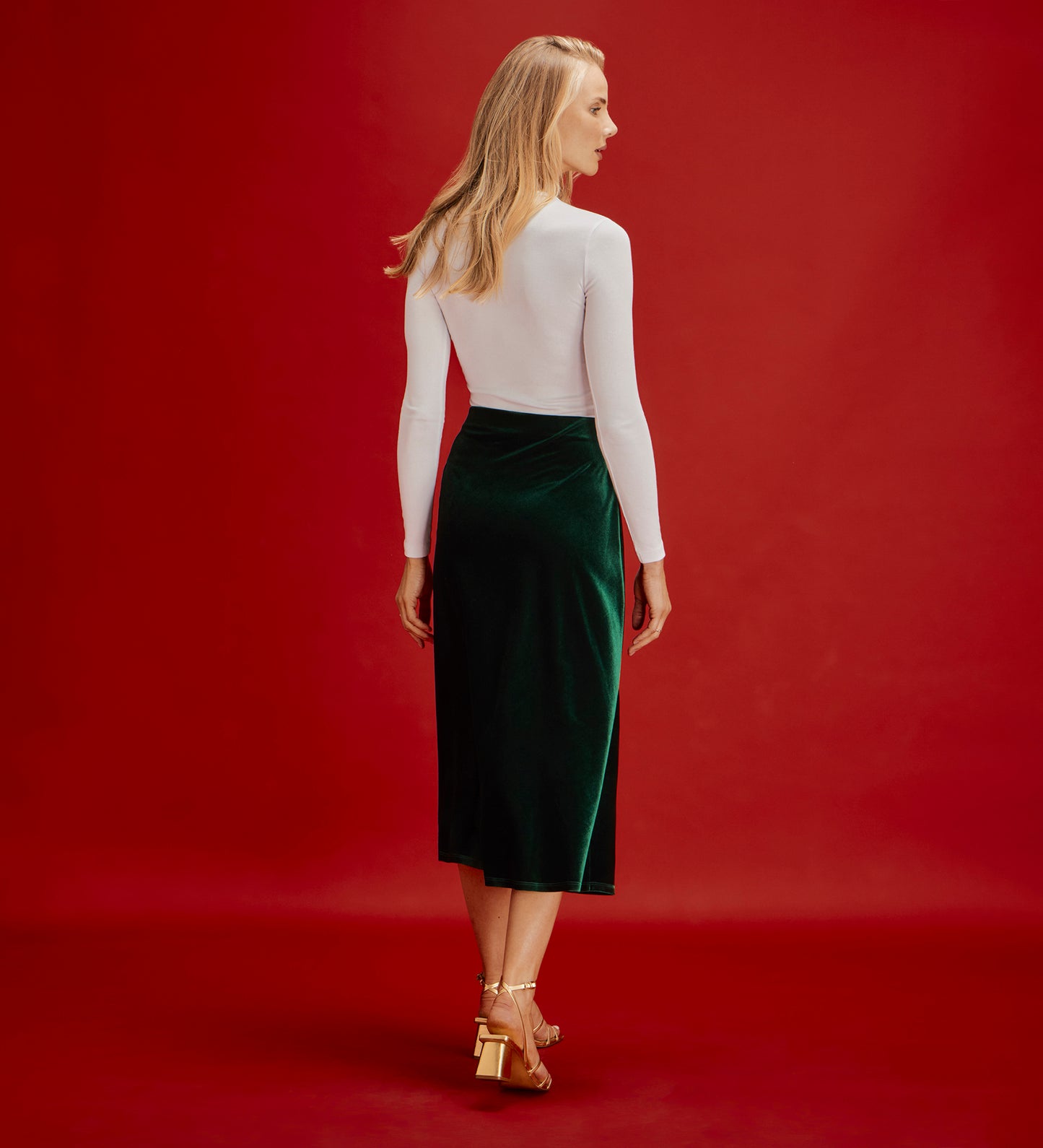Bailey Bottle Green Jersey Velvet A-Line Midi Skirt
