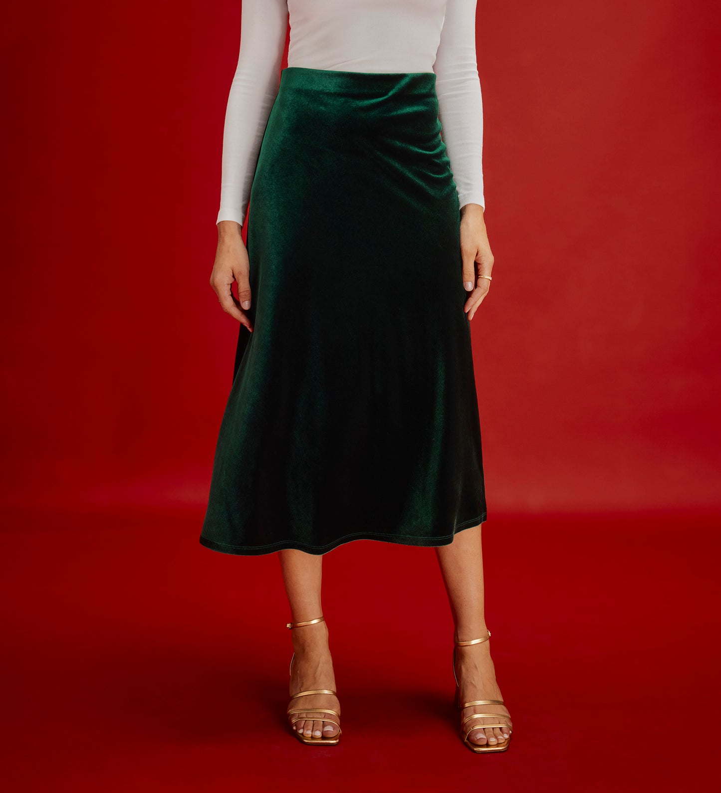 Bailey Bottle Green Jersey Velvet A-Line Midi Skirt