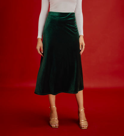 Bailey Bottle Green Jersey Velvet A-Line Midi Skirt