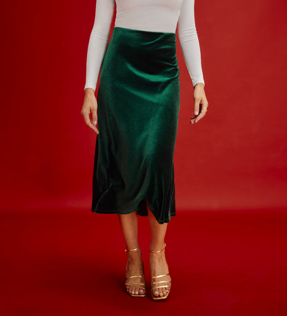 Bailey Bottle Green Jersey Velvet A-Line Midi Skirt