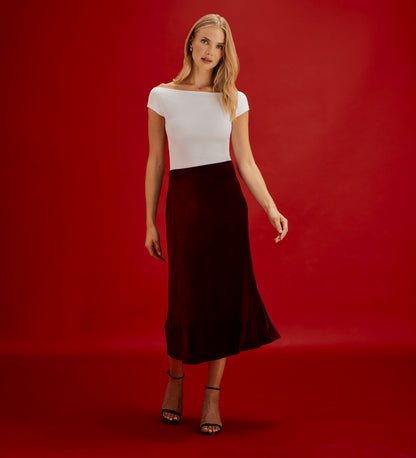Bailey Burgundy Jersey Velvet A-Line Midi Skirt