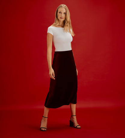 Bailey Burgundy Jersey Velvet A-Line Midi Skirt