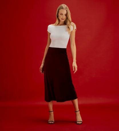 Bailey Burgundy Jersey Velvet A-Line Midi Skirt
