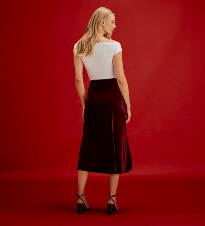 Bailey Burgundy Jersey Velvet A-Line Midi Skirt